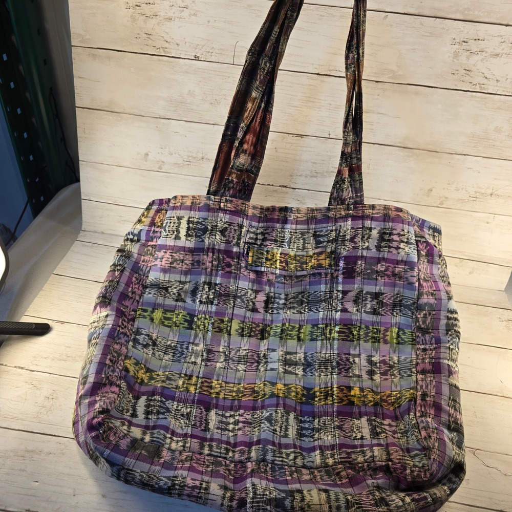 Large My Crow Angels Woven Tote Bag Purple Multi Ikat Plaid Shoulder Bag